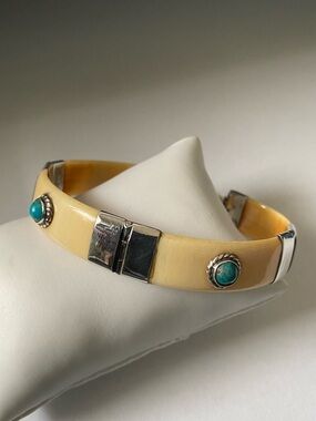 Vintage Sterling Silver Bone Bangle Bracelet with Turquoise Accents